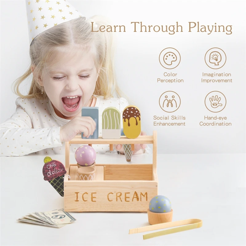 Wooden Ice Cream Toys Pretend Play Simulation Montessori Ice-cream Cone Kitchen Food Toys Preschool Educational for Kids Gifts 3