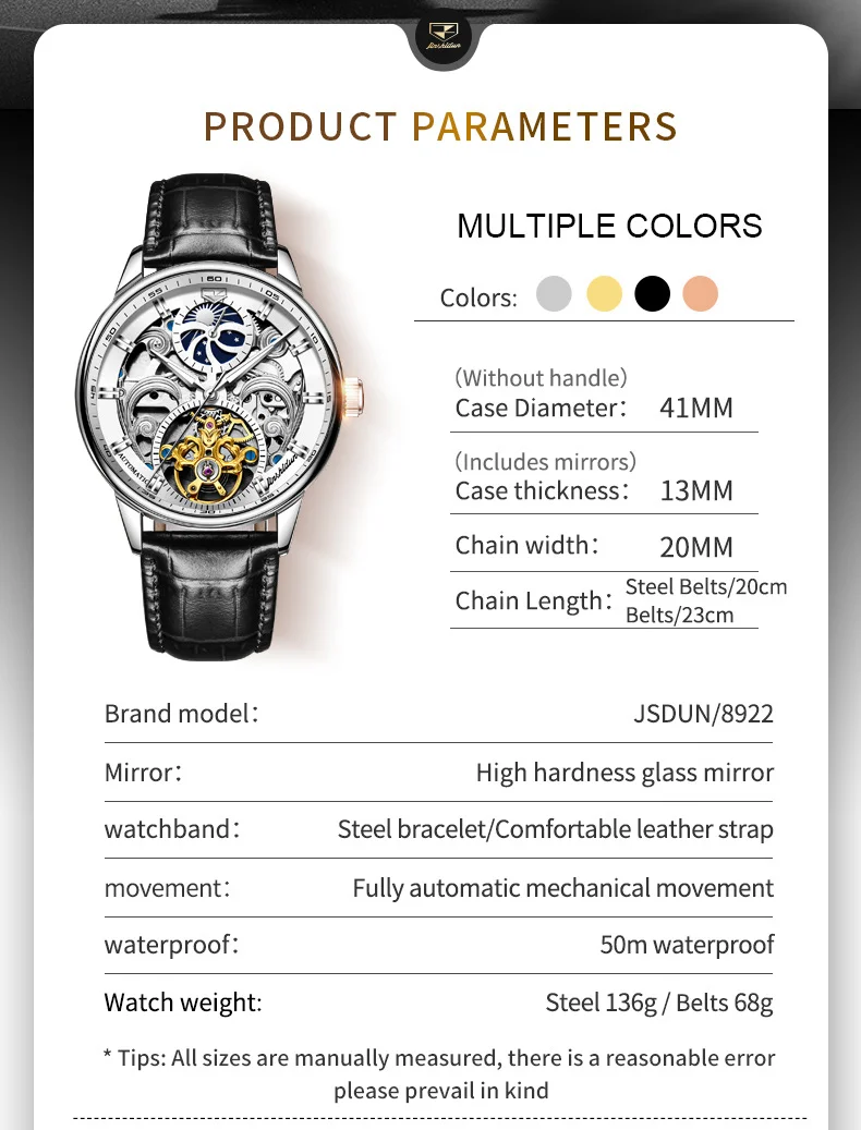 JSDUN 8922 Watch For Men Hollow Skeleton Mechanical Wristwatch Top Brand Waterproof Luminous Original Business Automatic Watches