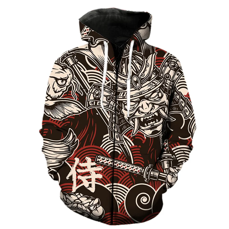thumbnail image 1 of Sudadera con capucha y cremallera con diseño de dragón samurái y guerrero fantasma para hombre, estilo Harajuku, con estampado 3D de carpa, informal, de manga larga, para primavera, 1 of 4