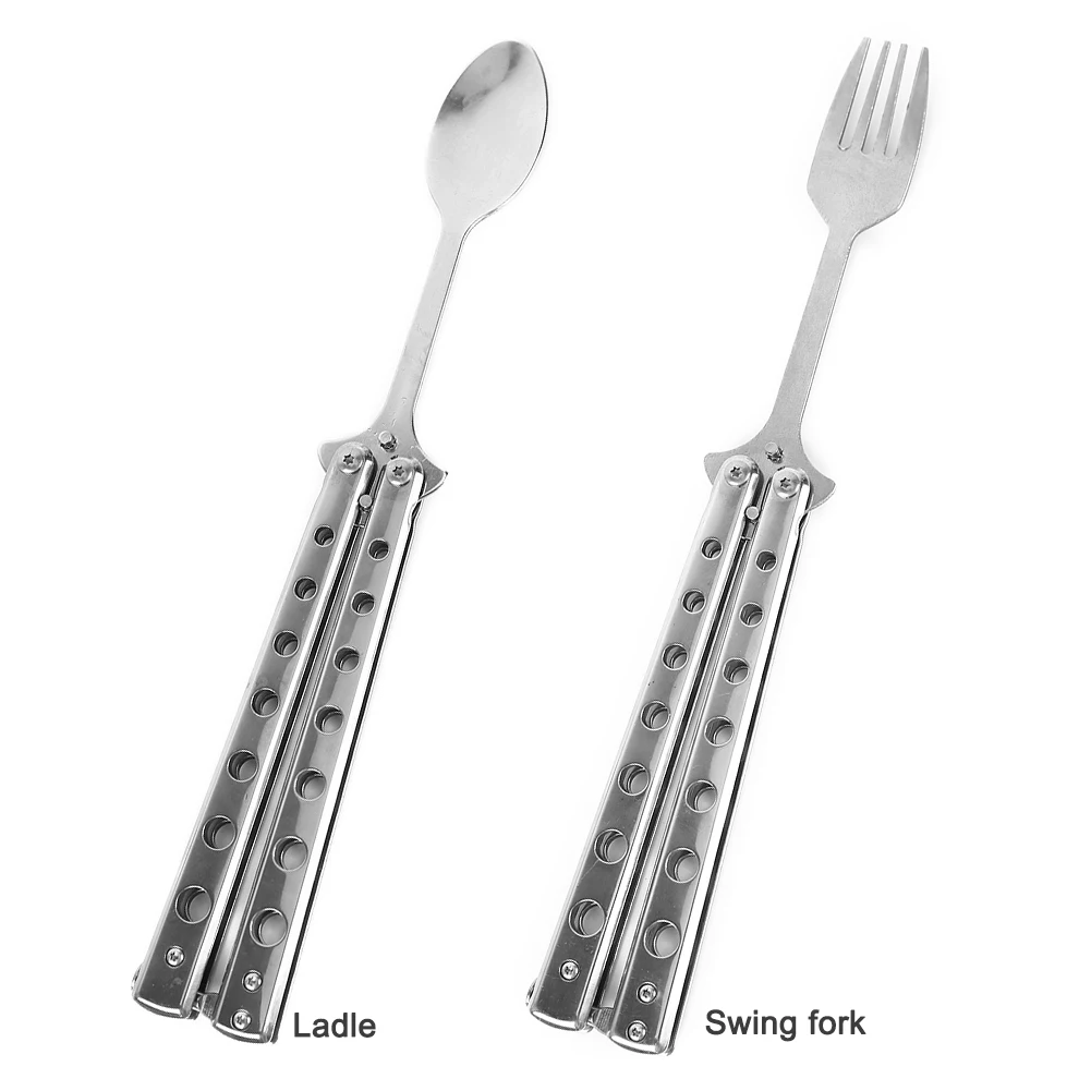 Stainless Steel Tableware Folding Butterfly Knife Style Utensil Fork Spoon Trainer