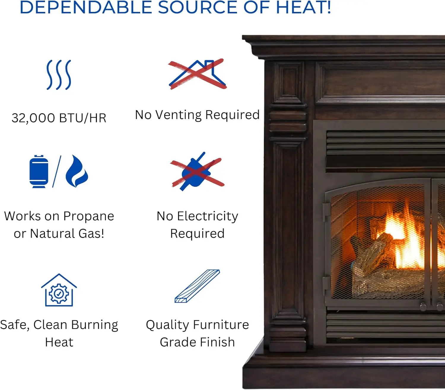 Duluth Forge Dual Fuel Ventless Gas Fireplace System Mantle Thermostat Control 6Fire Logs Use with Natural Gas or Liquid Propane 3