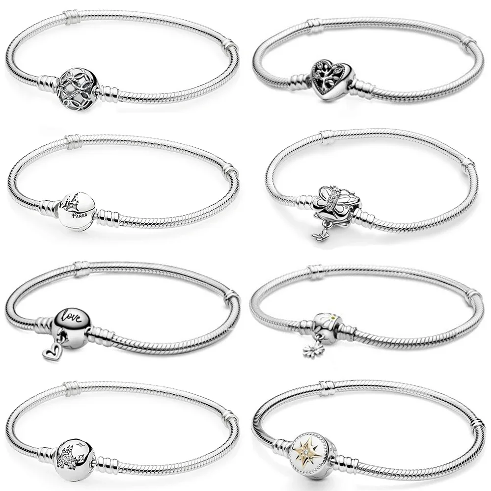 

2020 NEW 100% 925 Sterling Silver Moments Family Heart Clasp Snake Daisy Chain Bracelet Fit Women Original Fashion Jewelry Gift