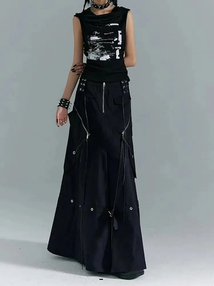 2025 New Gothic Y2K Cargo Denim Long Skirt Women Harajuku Vintage Black Bandage Jeans Skirts Aesthetic High Waist A Line Skirts