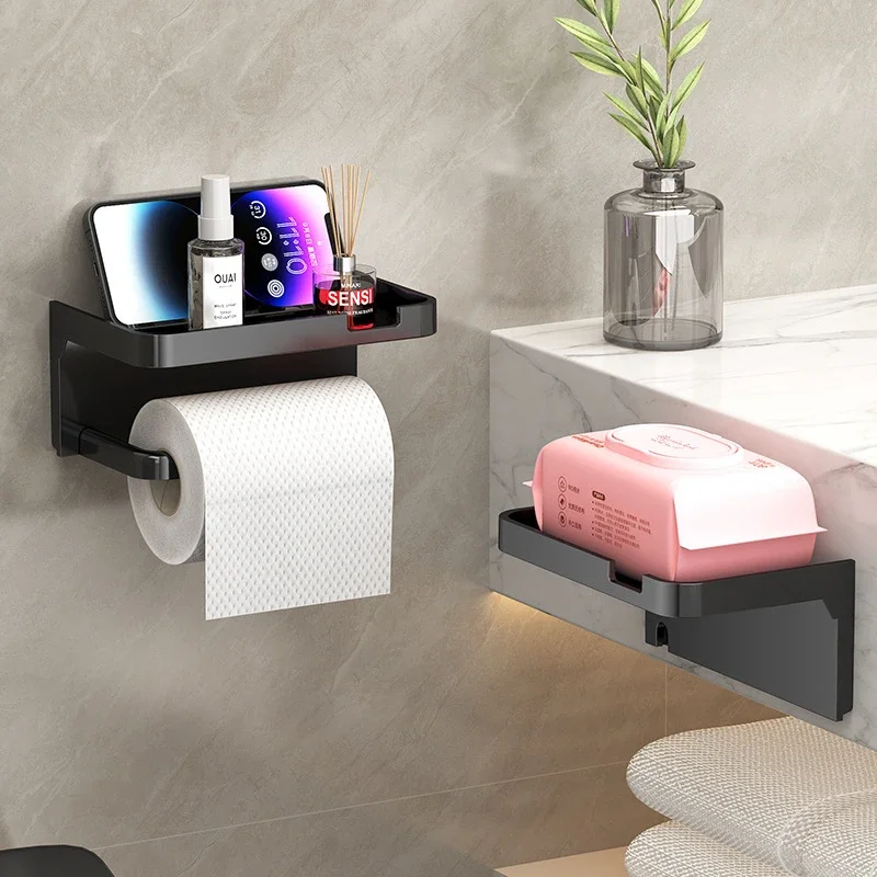 [Sleek Toilet Paper Holder] Durable Black Toilet Paper Holder with Shelf | Wall-Mounted Bathroom Tissue Dispenser