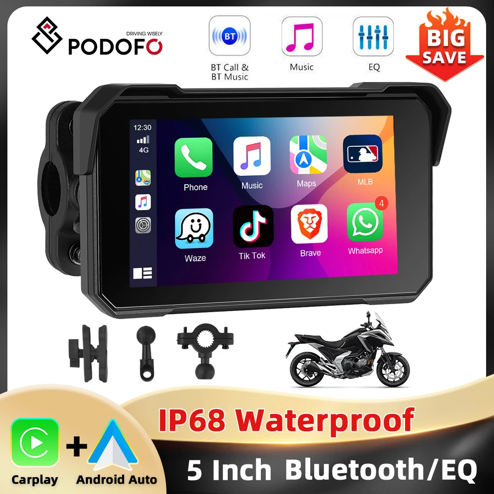 Reproductor de Pantalla Inteligente Podofo de 5'' con Pantalla IPS para Motocicleta, Carplay, Android Auto, Ajuste de Brillo, Resistente al Agua IP68, Bluetooth 5.0 1