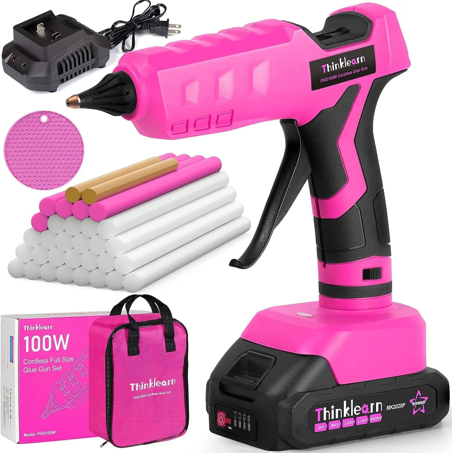 Hot Glue Gun 20V Pink Cordless Glue Gun with 30 PCS Full Size Sticks 2Ah Rechargeable Battery Kit for DIY