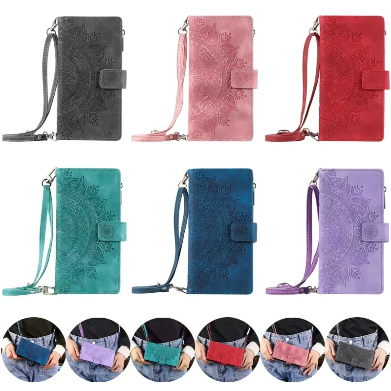 Luxurious Crossbody Leather Flip Case with Lanyard and Zipper Wallet Card Holder