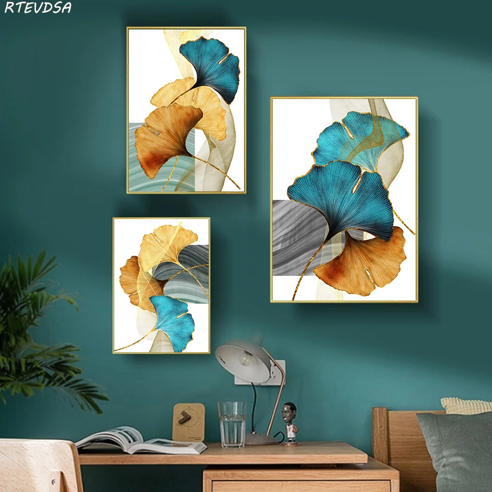 Blue green gold leaf plant flower canvas poster abstract painting wall art print Nordic modern image living room decoration