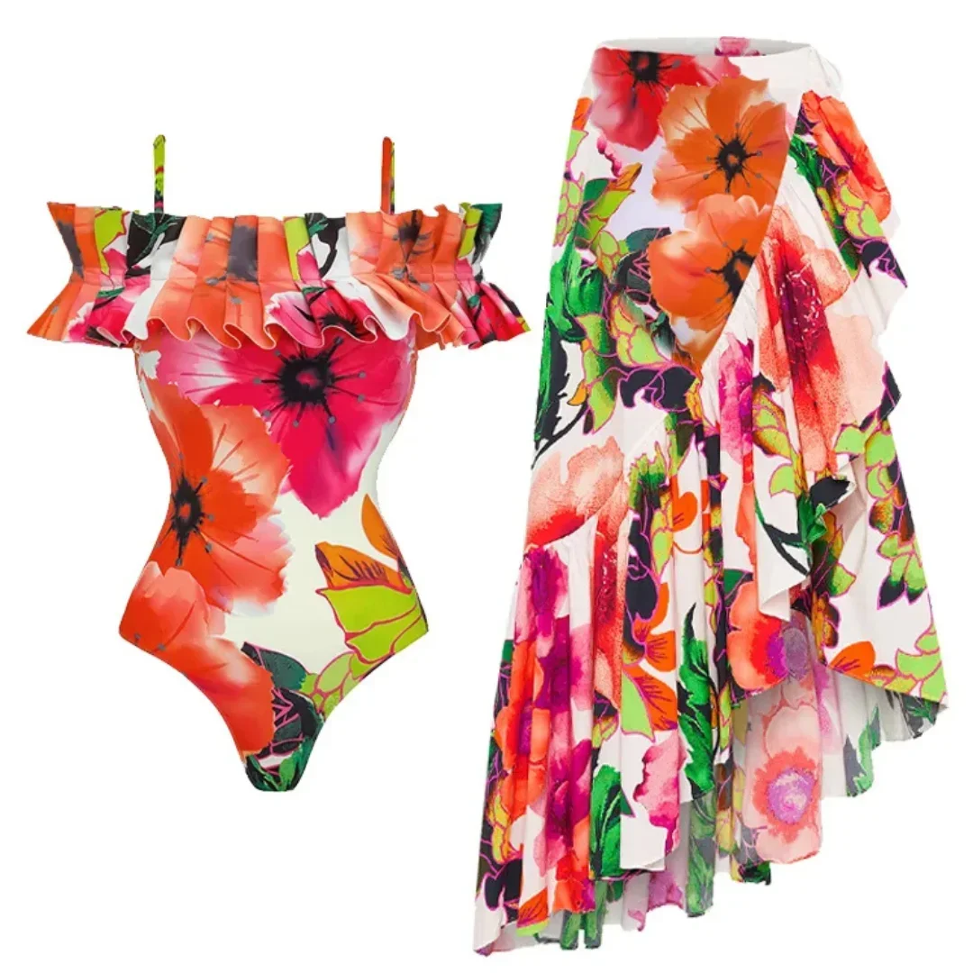 Women's Vintage Off Shoulder Printed Swimsuit and Sarong, One-Piece Bathing Suit, Summer Swimwear, Female Beachwear