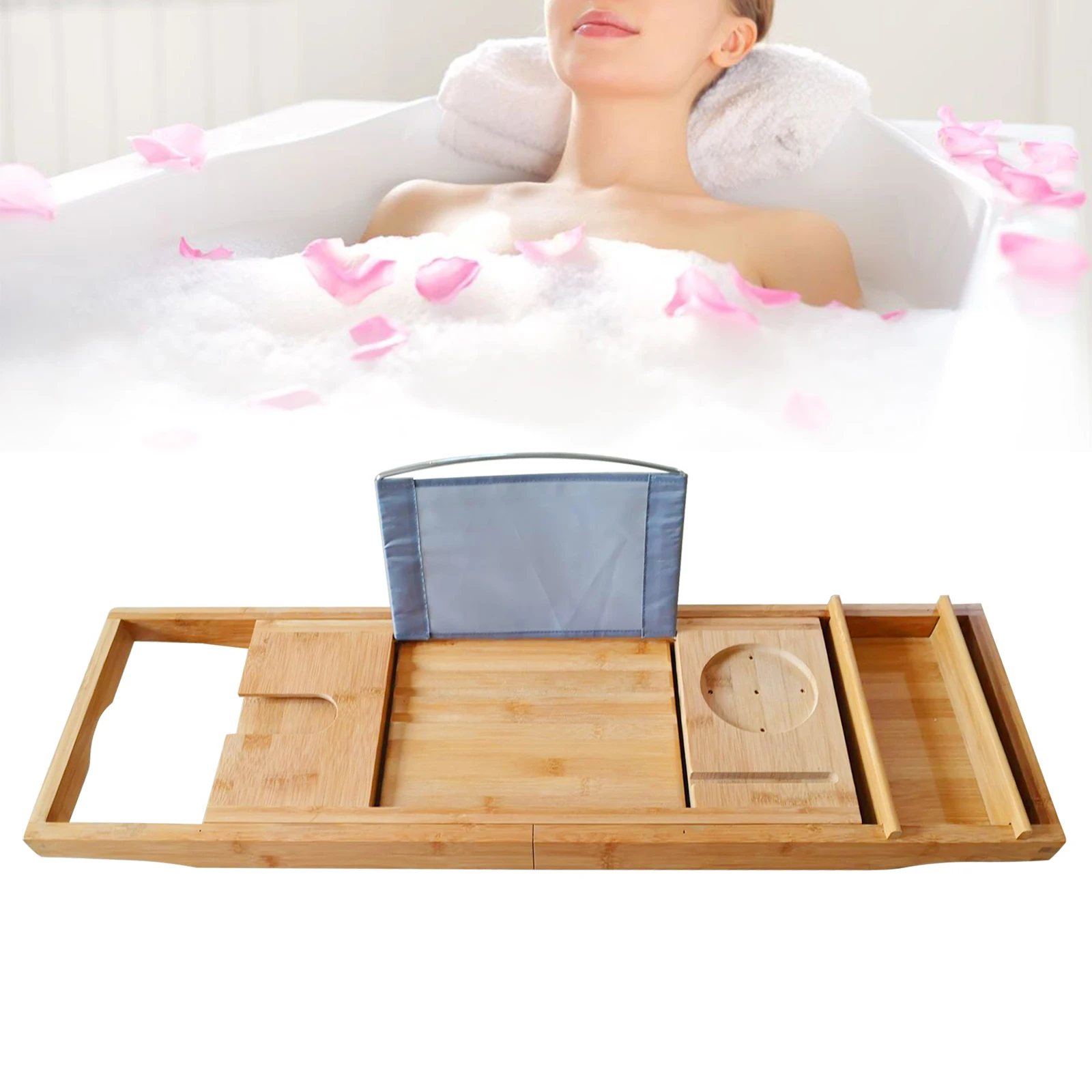 Wooden Bath Caddy Bath Board Shelf Tablet/Phone Red Wine Cup Slot Holder Tray