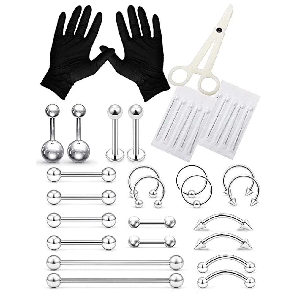 Body Piercing Kit WKOUD Piercing Kit Stainless Steel Eyebrow Rings Horseshoe Rin Industrial Piercing Jewelry Women Men 14G 16G Needles