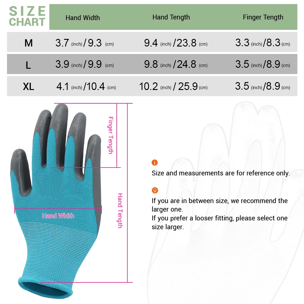 Gardening Gloves for Women and Men, Nitrile & Rubber Coated Protective, Blue, Green, Grey, Pink