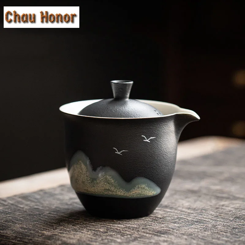 Japanese Balck Coarse Ceramic Teapot Hand Painted Distant Hill Single Pot Tea Maker Teapot Household Kung Fu TeaSet Tea Ceremony