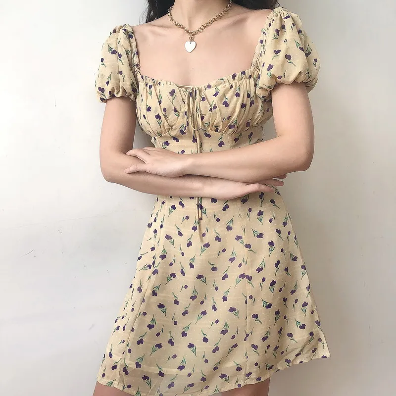 

Summer Chiffon Tulip Flower Print Fairy Dress Elegant Puff Sleeve Boho Floral Women Mini Sexy Yellow Dresses 2021 Robe Vintage