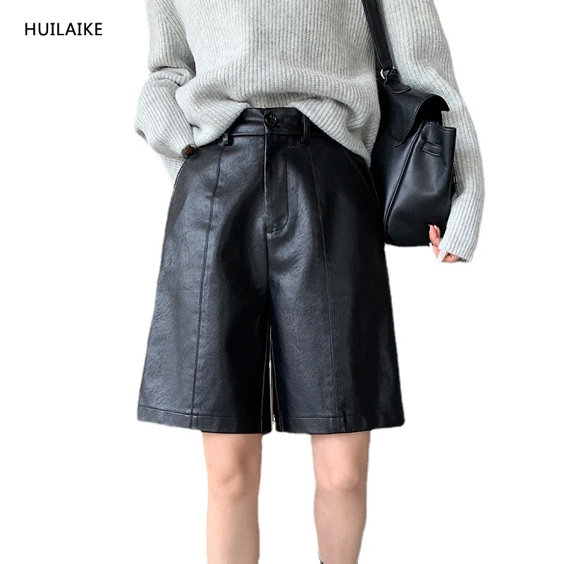 

S-3XL Lastic Waist Bermuda Casual High Waist PU Leather Shorts Women Spring Autumn Loose Pockets Wide Leg Half Shorts KE000182