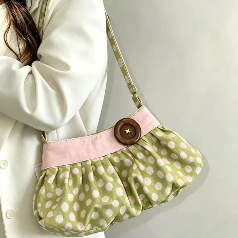Borsa a Spalla Retrò a Pois con Bottoni in Legno, Borsa a Mano con Design Plissettato, Borsa Morbida a Forma di Raviolo, Borsa Casual a Righe per Pendolari - immagine 5