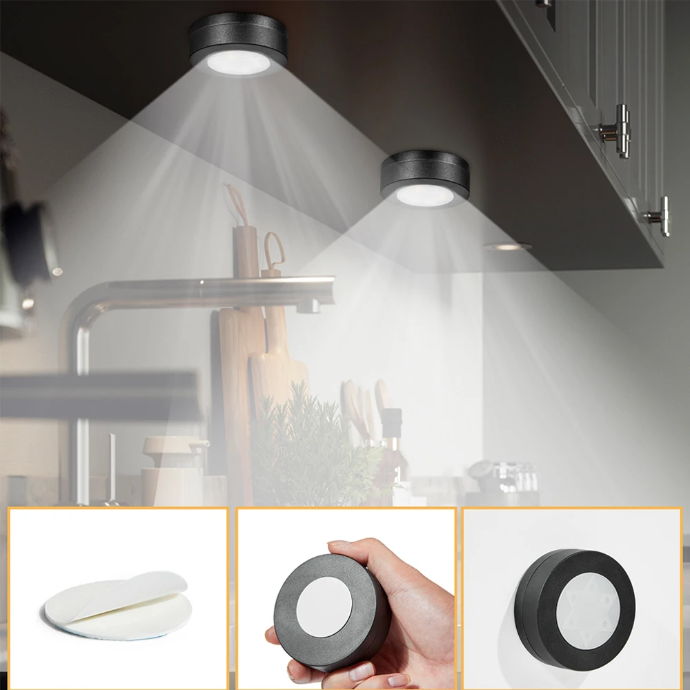 1-6Pcs Black CCT Round LED Under Cabinet Closet Light Furniture Dimmable Wardrobe Lamp Warmwhite White 3000-6500K Remote Control led cabinet light,cabinet lights,led cabinet lights,under cabinet light