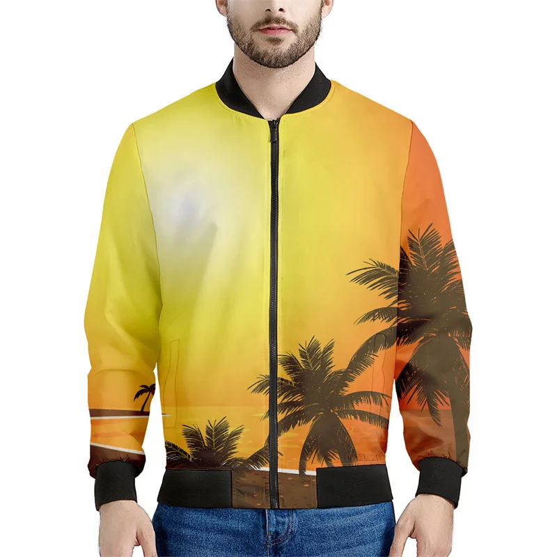 thumbnail image 1 of Chaqueta con cremallera con estampado de puesta de sol de Maldivas para hombre, chaqueta hawaiana de playa con estampado 3D de manga larga, chaqueta bomber informal holgada, abrigo de calle, 1 of 5