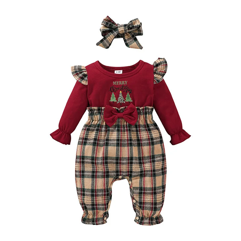 

0-18M Christmas Baby Girl Romper Newborn Infant Baby Knit Ruffle Long Sleeve Bow Jumpsuit Plaid Print Xmas Costumes 40