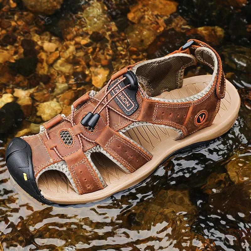 2024 Genuine Leather Men Shoes Summer Men's Sandals Anti-collision Fashion Beach Sandals Slippers Sneakers Big Large Size 38-48