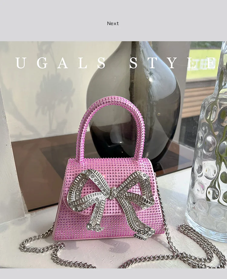 Borsa a tracolla con nodo a fiocco con strass brillanti glitterati Borsa a tracolla da donna con tracolla a catena Borsa da sera con pochette per festa di nozze_voghion.com