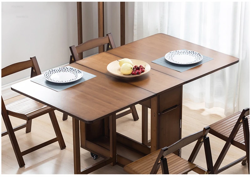 Bamboo Apartment Folding Dining Tables Creative Kitchen Multifunctional Rectangular Table Simple Household Hotel Storage Desk