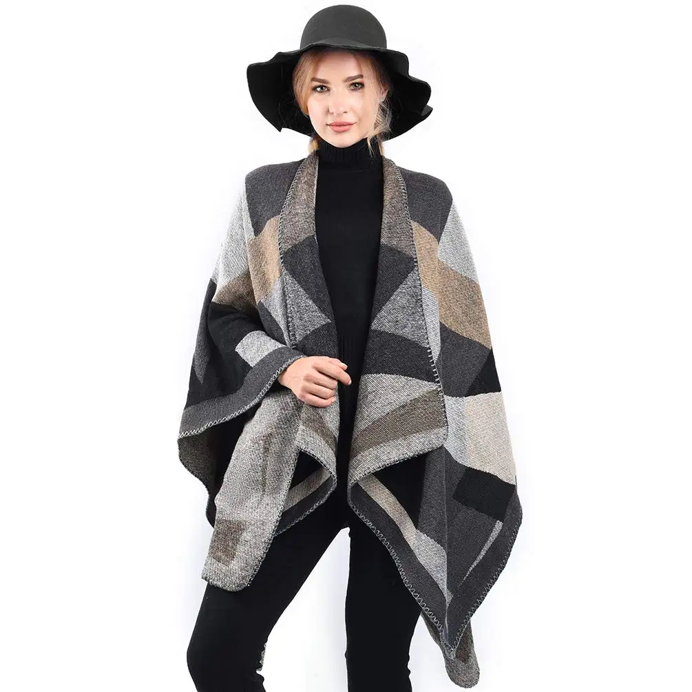 

2022 New Thicken Winter Warm Shawl Wraps Cape Women Fall Knit Geometric Triangle Ponchos Blanket Sweater Fleece Scarf Coat