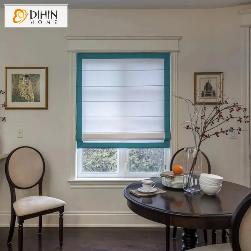 Modern Cotton Linen White With Laker Blue Four Border Trims Roman Shades Light Filter / Blackout Blinds Mechanism