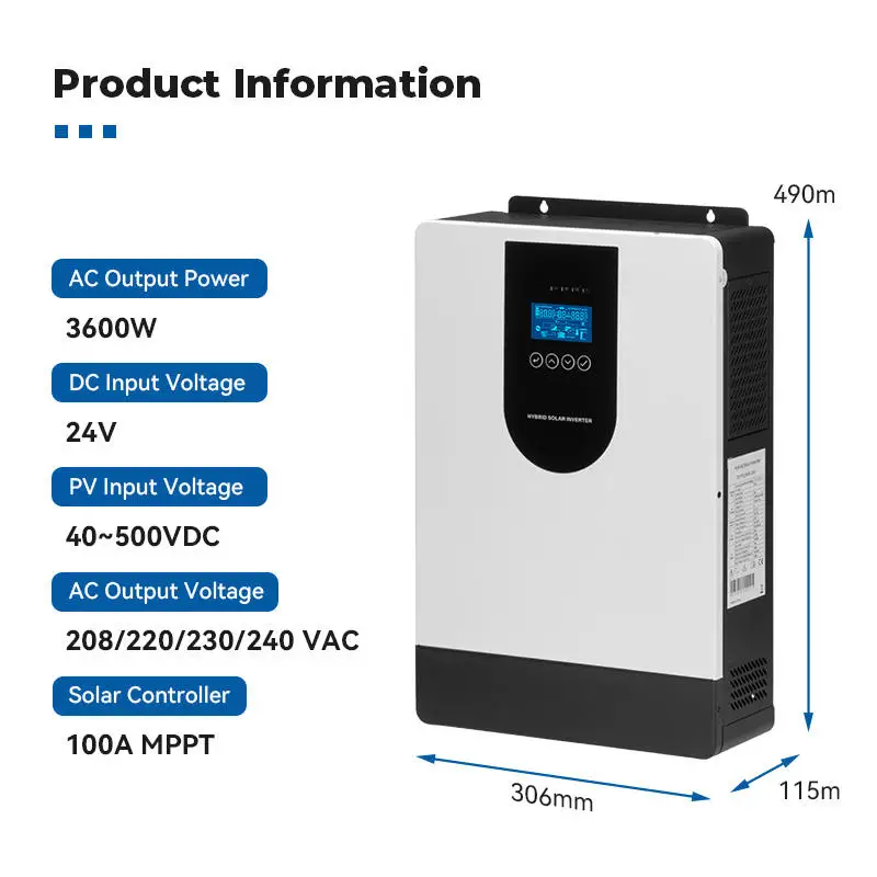 하이브리드 타입 3.6KW-24V 온그리드 및 오프그리드 태양광 인버터 시스템 WIFI 순수 정현파 납산/콜로이드/리튬 배터리 무소음