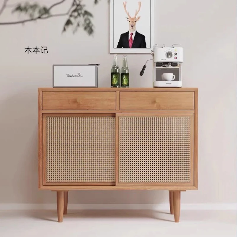 Japanese Solid Wood Sideboards PE Rattan Modern Simple Raise Kitchen Cabinets et Drawers Dining Room Furniture Comedor FYSB