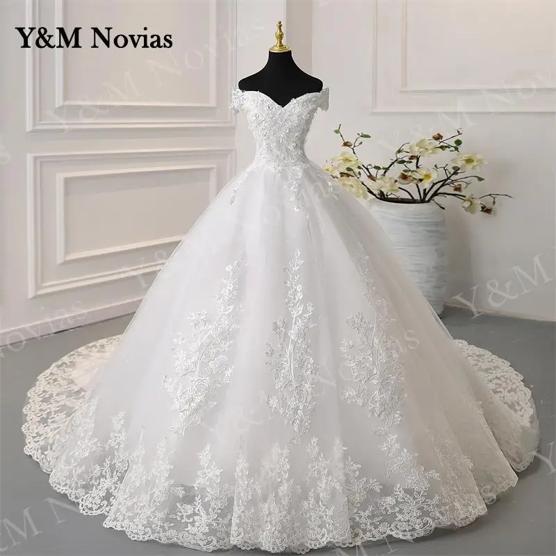 Y&M Novias Off Shoulder Plus Size Vestido De Noiva 2024 Wedding Dress Train or Floor Custom Made Plus Size Bridal Tulle Mariage