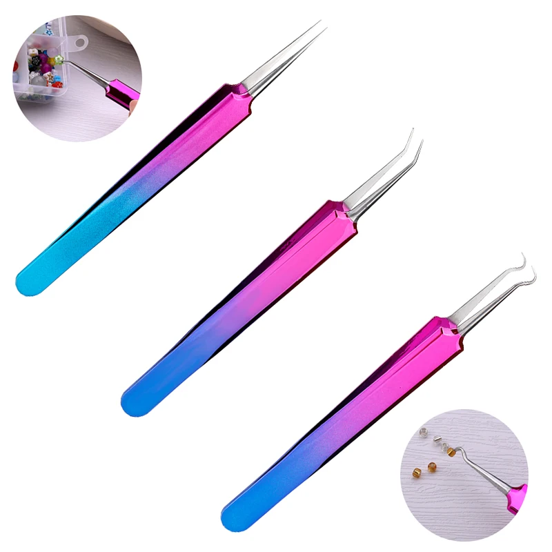 

MIUSIE 3 Pcs Stainless Steel Tweezers Colorful Handle DIY Beading Jewelry Making Accessories Sewing Embroidery Painting Tool