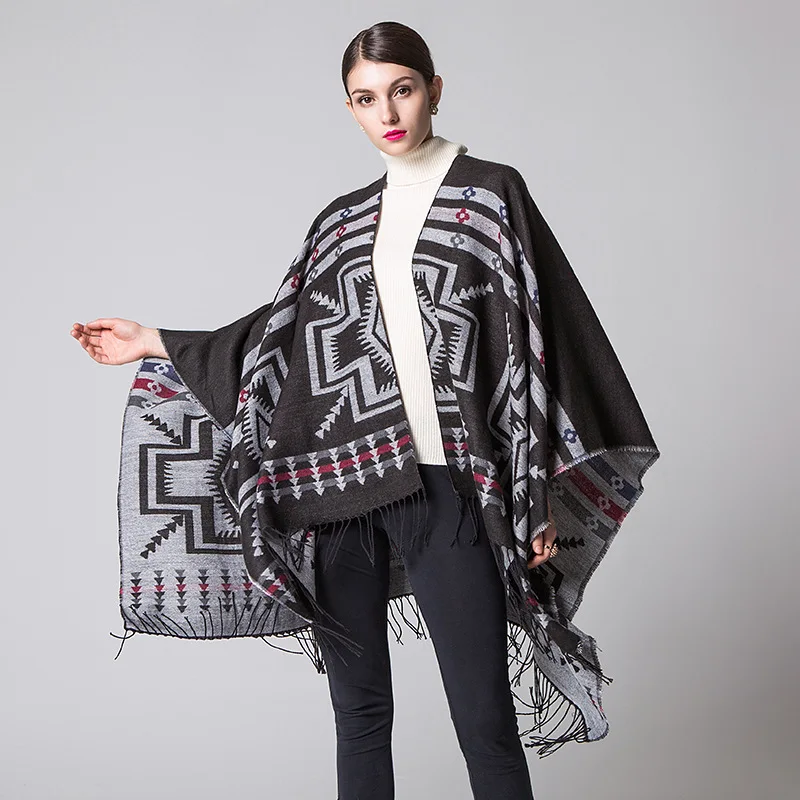 

European American Popular Tassel Thickened Cashmere Like National Style Travel Fork Shawl Scarf in autumn Ponchos Capes P4