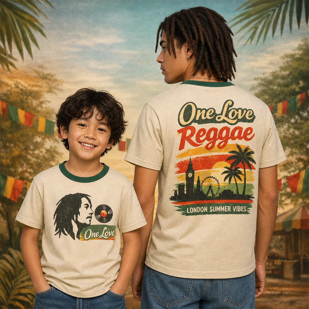 One Love Reggae Eltern-Kind Unisex T-Shirt im Vintage Bob Marley Stil London Summer Vibes Atmungsaktives Ringer-Kurzarm-Outfit