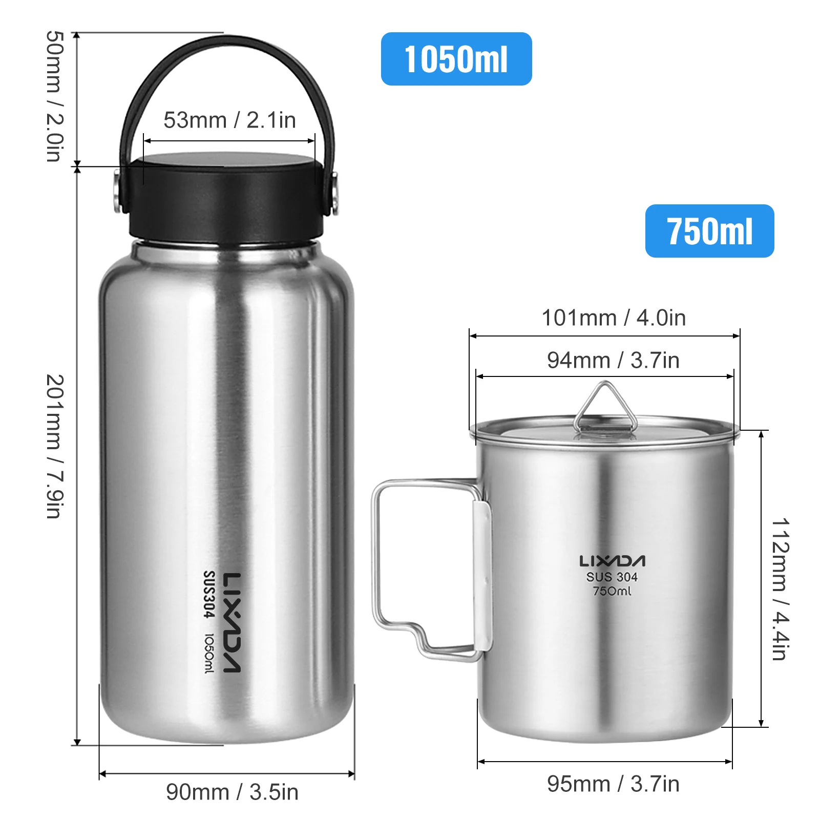 ERYUE Edelstahl-Wasserflasche 1050 Ml Mit Hängetopf 750 Ml – Auslaufsicher, Für Outdoor, Camping & Sport