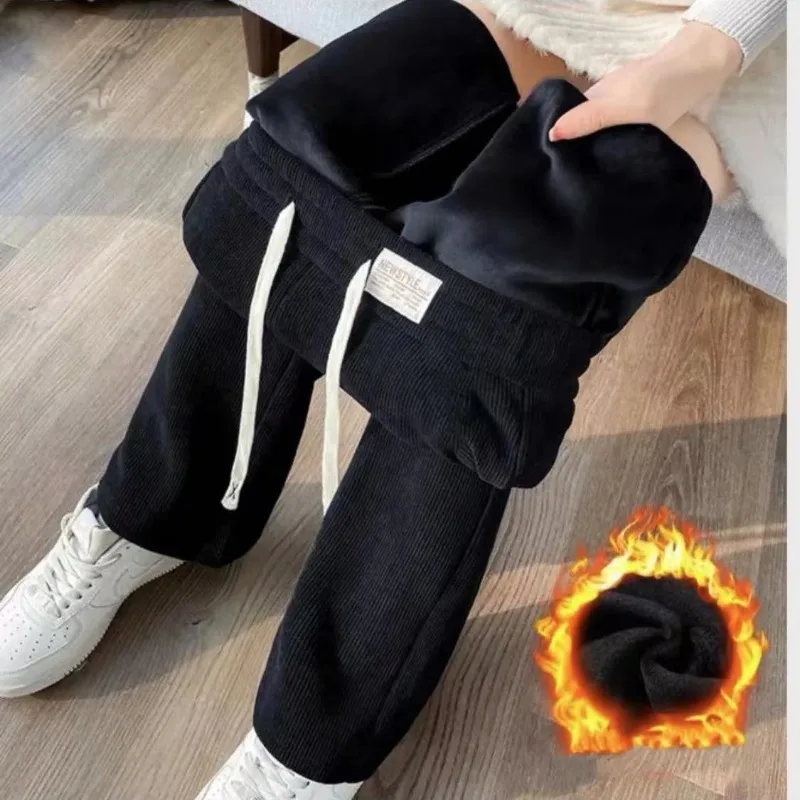 Autumn Winter Women's Elastic High Waisted Solid Screw Thread Bandage Drawstring Casual Wide Leg Loose Trousers Fashion Pants