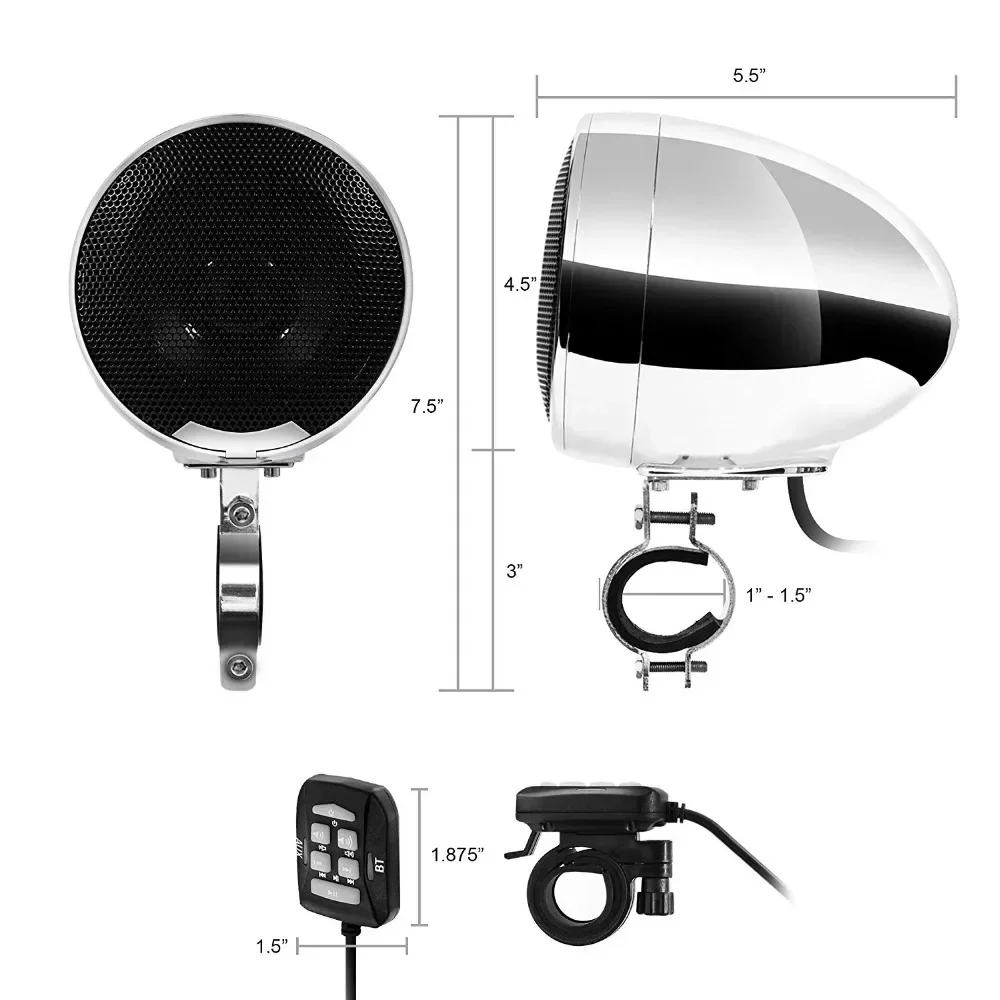Waterproof 4.5 Inches Motorcycle Bluetooth Speakers Stereo Audio System with 1200W 4CH Built-in Amplifier, USB and AUX MP3 Input