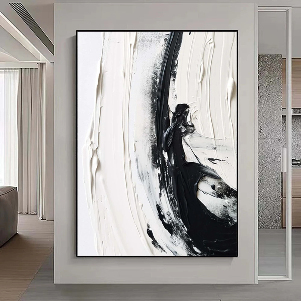 

Hand Painted Oil Painting Large White Black 3D Textured Painting Palette Knife Abstract Painting Minimalist Wall Art Living Room
