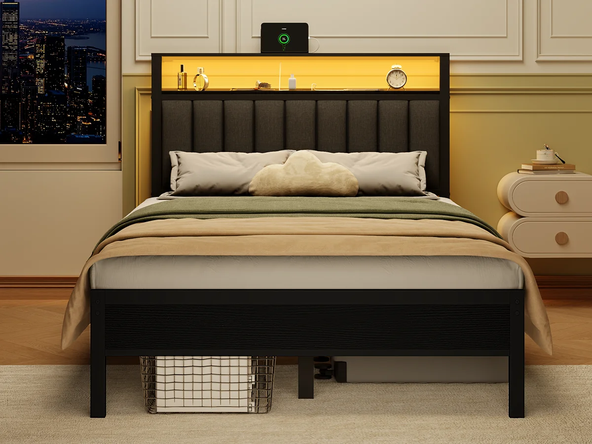 Full/Queen size bed frame with charging station, LED bed frame, headboard with frame, platform bed frame, soft cushion bed frame 2
