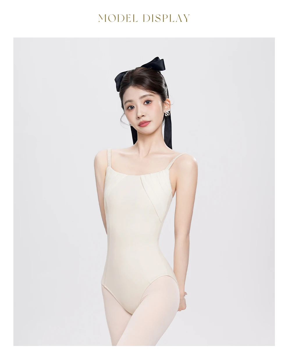 Damen Plissierte Schulterträger Tanz-Trikots Teenager Ärmelloses Camisole-Training Gymnastik-Jumpsuit Dehnbarer Nylon-Ballett-Trikotanzug – Detail 6