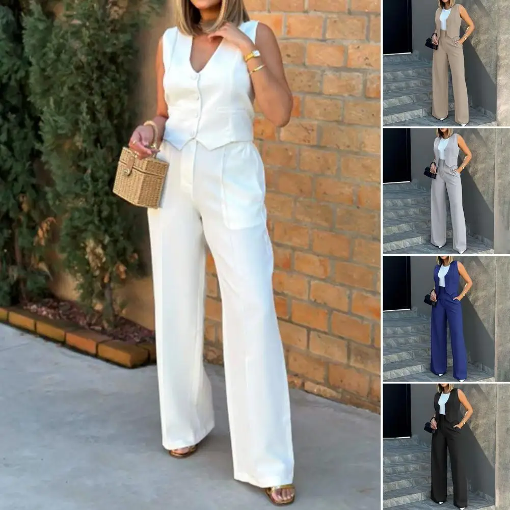 Women Suit Elegant Lady Baggy Pants Set with Sleeveless Vest Women's High Waist Wide Leg Pants in Solid Color Casual for Stylish
