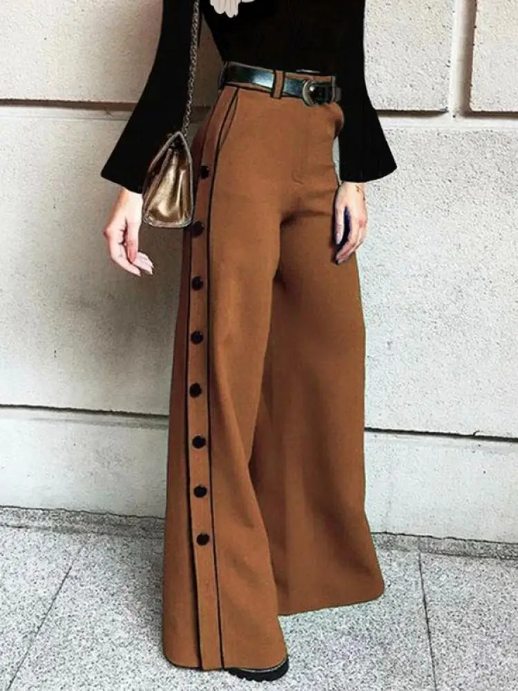 

Yeezzi Women Stylish Selection Button High Waisted Zipper Wide Leg Pants 2023 Spring Autumn Causal Urban Coffee Color Trousers