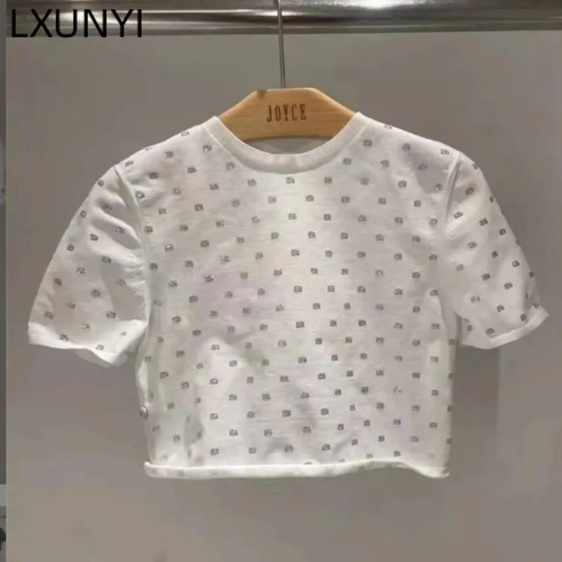 

LXUNYI 2023 Summer New Women Rhinestone T Shirts White Black O Neck Short Sleeve Slim Y2k Clothes Knitted Sweaters Crop Top