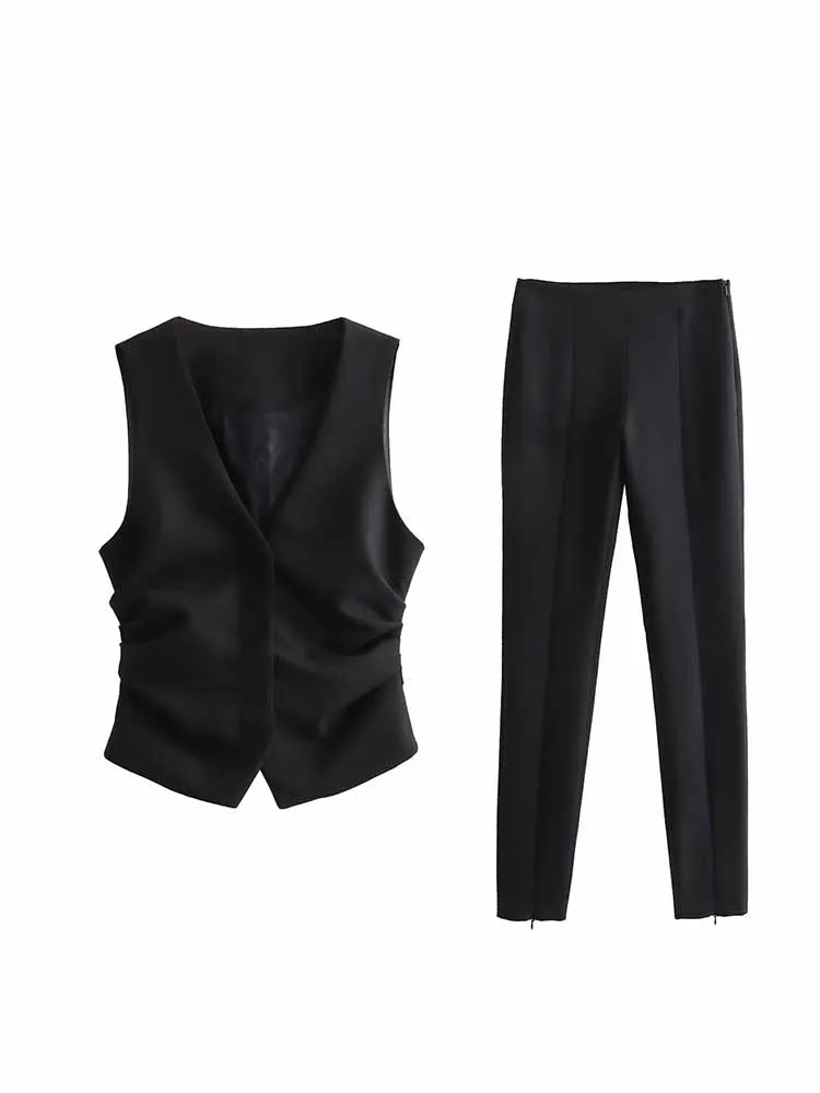 

Women New Fashion Side pleated design Casual V Neck Vest Vintage Button-up Female Waistcoat Chic Tops + Pants Women's suit