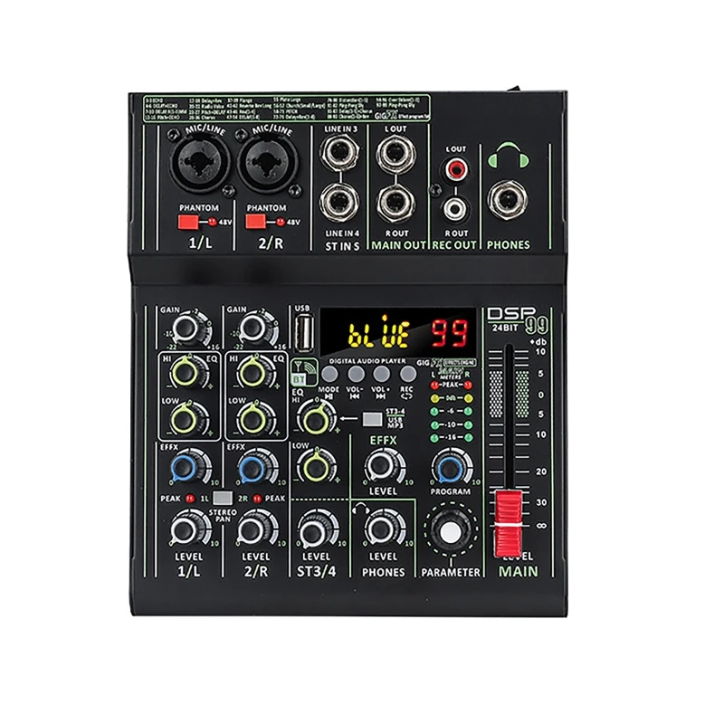 

4 Channel USB Playback Hd Display Phantom Power 99 Dsp 18dbm Effects Audio Mixer Professional Sound Card Audio bluetooth Mixer