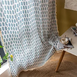 Cortinas semitransparentes de hojas con borlas, cortinas de ventana de algodón 55% de lino 45%, cortina de hojas verdes, decoraciones para sala de estar