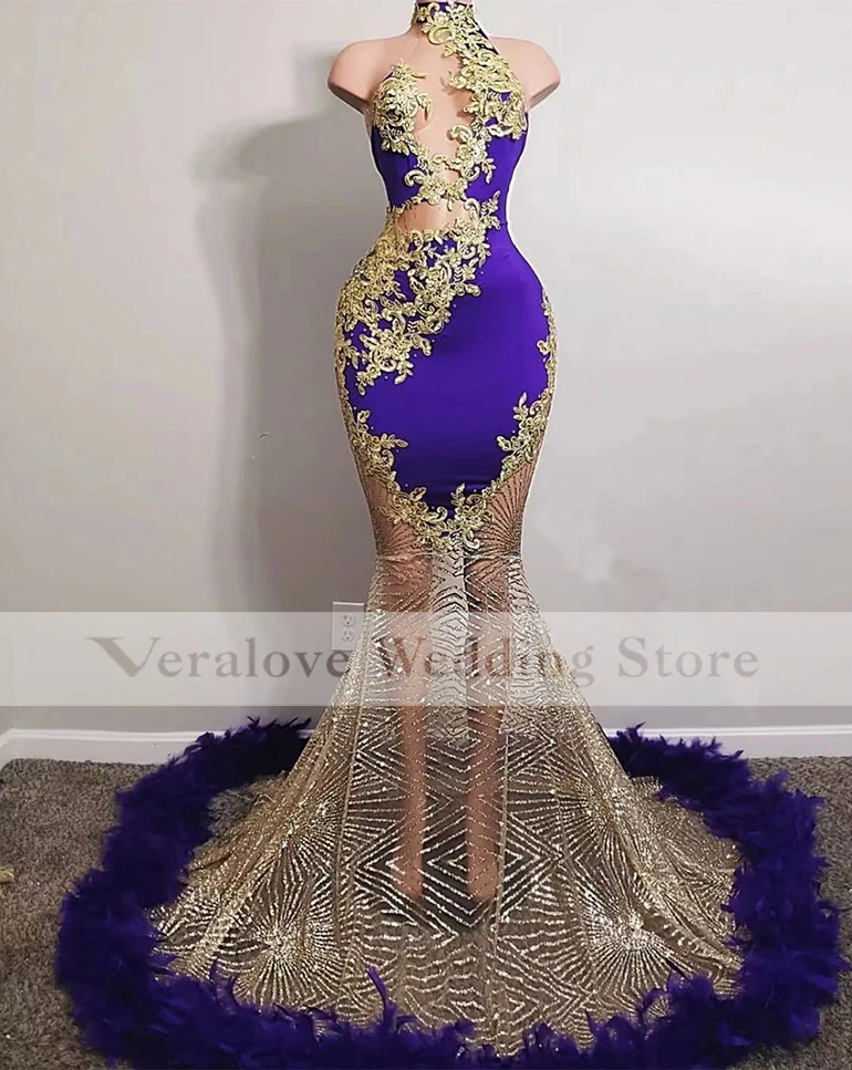 Sparkly Purple Mermaid Evening Dress High Neck Feather Beads Sexy Luxury Prom Gowns Dubai Women Formal Party Gowns Prom Dresses