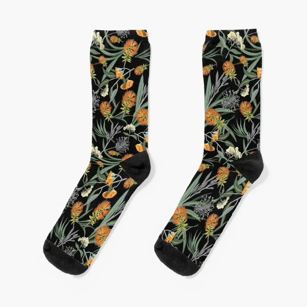 

Botanical Australian natives flora, orange, pattern, boho, banksia Socks retro Stockings man Socks For Man Women's