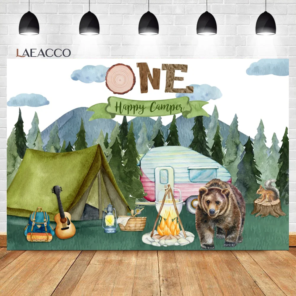 

Laeacco One Happy Camper Birthday Backdrop Forest Camping Bear Campfire Animal Woodland Portrait Custom Photography Background