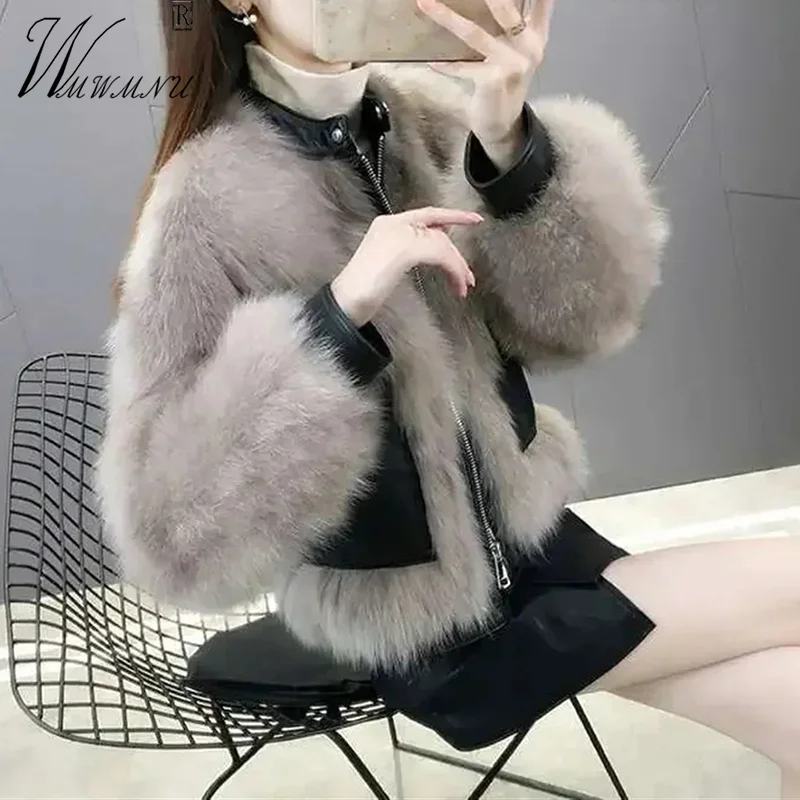 

Pu Leather Patchwork Faux Fur Coats Korean Winter Thicken Casaco Short Slim Fox Furry Chaquetas Fashion Plush Jaqueta Feminina